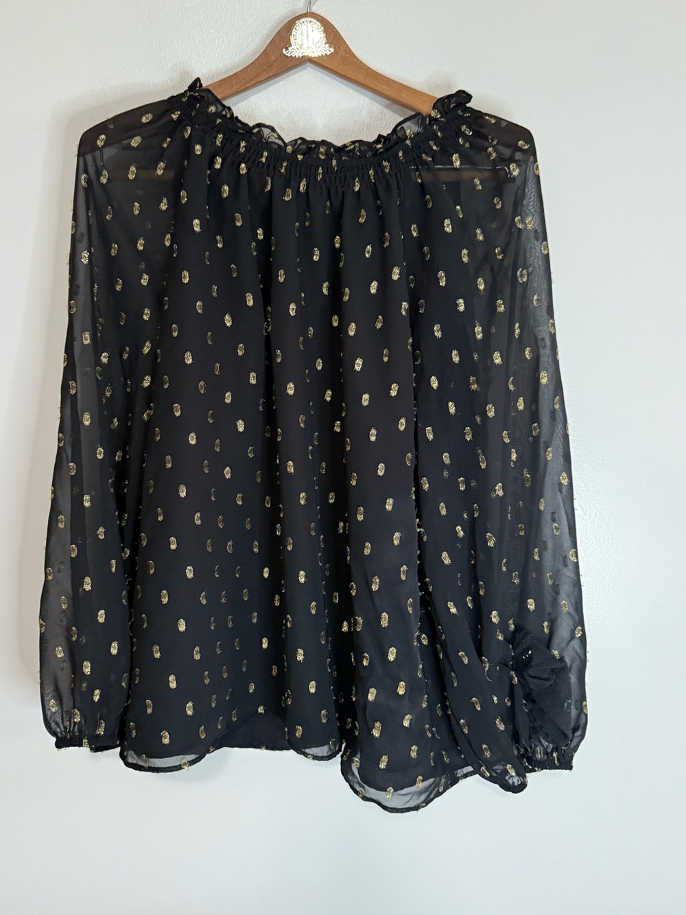 Talbots Sheer sleeve Black Blouse with Gold Dot Accent size XL